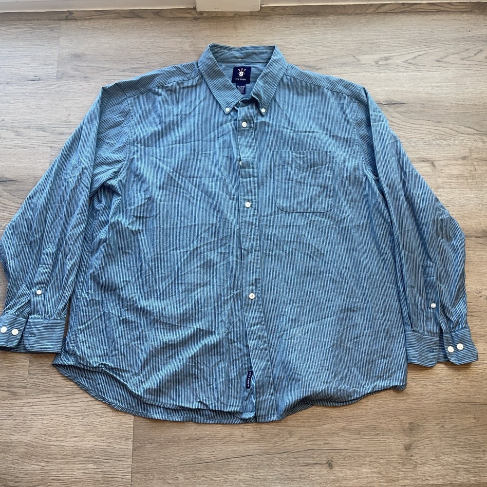IVY CREW Mens Long Sleeve Button Down Shirt Blue Pinstripe Size XXL 100% Cotton